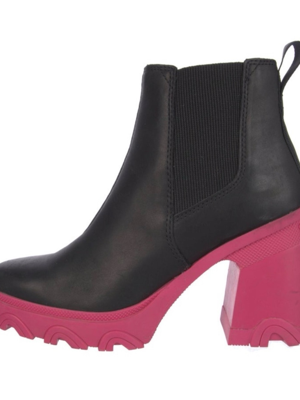Sorel Black Leather Chelsea Boot with Pink Chunky Heel